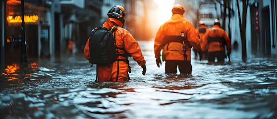 Emergency response teams handling a flood in a cityscape, demonstrating urgency and teamwork during a challenging situation  -  
