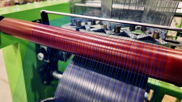 A detailed closeup view of a textile machine highlights vibrant rolls of color along with intricate machinery at work