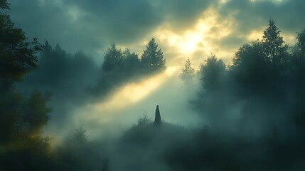Sun rays pierce through misty forest, illuminating a mysterious figure.