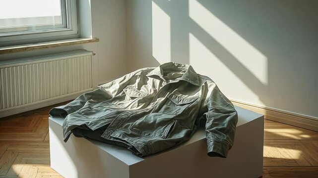 Stylish green jacket displayed on a pedestal in a sunlit room
