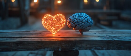 A wooden beam with a heart and brain on opposite sides, representing the perfect balance between emotional and mental health, soft glowing light, 4K resolution