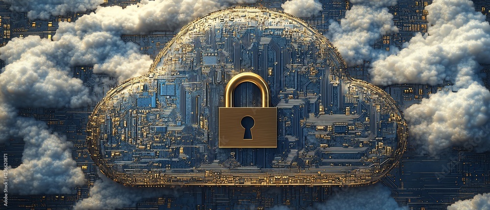 Poster an innovative cloud storage design featuring a metallic microchip and a secure padlock symbol, highl