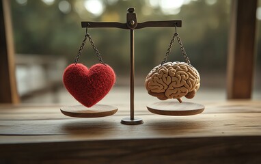 An artistic representation of a brain and heart balanced on a wooden scale, symbolizing the equilibrium between rational thinking and emotional intelligence, warm tones, 4K clarity