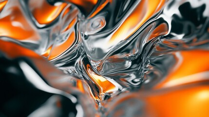 Abstract fluid silver and orange background with liquid metallic reflections and motion