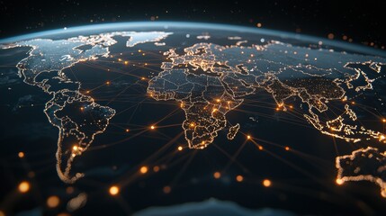 Fototapeta premium A stunning view of the earth illuminated by intricate network connections and data streams.