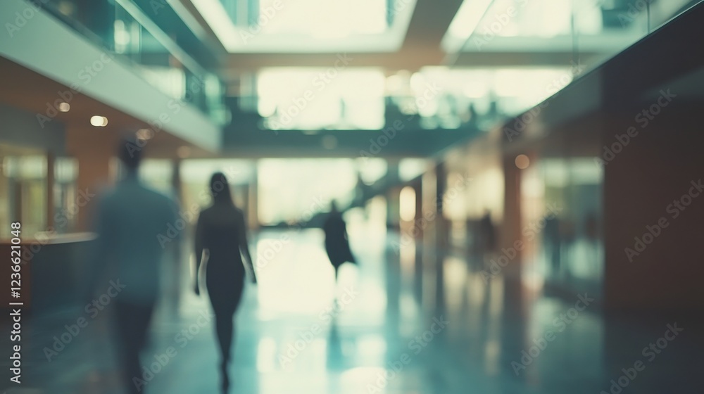 Poster blurred office building lobby with people walking in a modern corporate environment. intentionally b