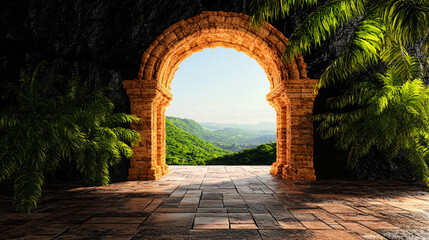 Obraz premium Ancient stone archway leading to lush green landscape, surrounded by tropical plants. scene evokes sense of adventure and exploration in serene environment