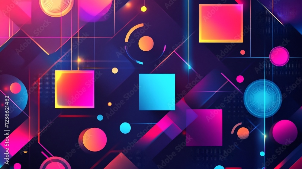 Poster abstract geometric background with squares circles and lines in bright colors