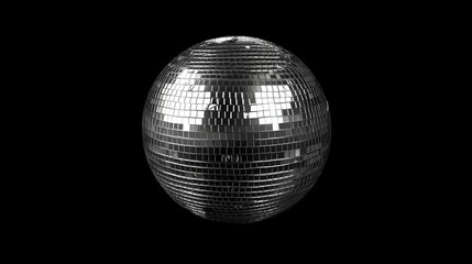 Fototapeta premium Gleaming Silver Disco Mirror Ball Isolated in Space. Reflective and Sparkling Surface Captures the Essence of Disco and Party Atmosphere.