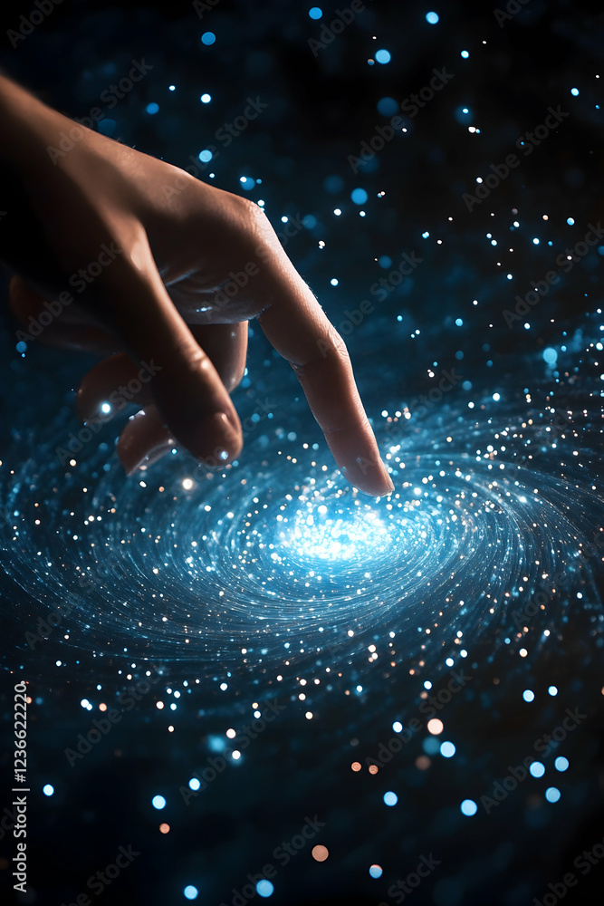 Poster first contact concept with a hand touching a spinning vortex of light particles, symbolizing connect