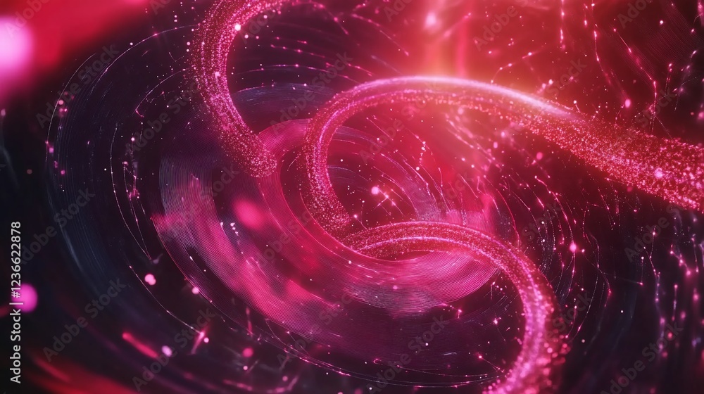 Poster abstract pink circles and luminous particles on dark background rendering