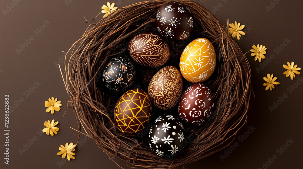 Poster easter eggs with intricate natural patterns arranged in a nest made of twigs display earthy colors a