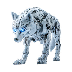 Robotic Wolf with Metallic Fur and Glowing Blue Eyes Isolated on Transparent Background