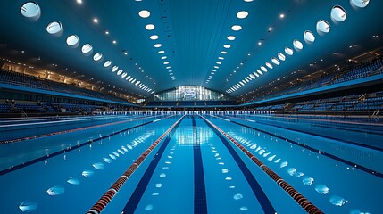 Empty Olympic-size swimming pool with lane dividers, under a high ceiling with circular lights.