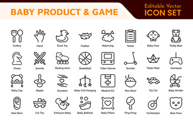 Naklejka premium Baby Product and Game Icon Set. A charming collection of icons designed for parents and caregivers, perfect for websites, apps, and marketing materials focused on baby products and playful learning.