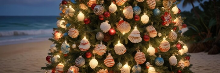 Seaside Christmas tree decorated with seashells and tropical ornaments, seaside festive, ocean-inspired holiday decor