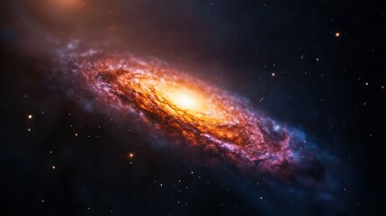 A breathtaking galaxy scene with a bright, glowing spiral galaxy at the center against a deep purple and blue nebula background. 