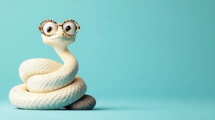 Fototapeta premium A cute snake with glasses, coiled around a small rock on a light blue background. 