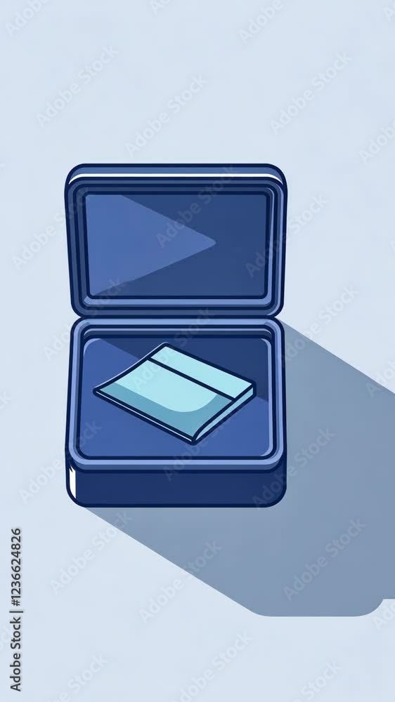 Poster thin rectangular object resting inside a blue rectangular container on a light background during the