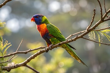 Rainbow Lorikeet perched gracefully on a delicate branch. 