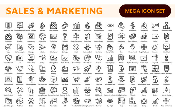 Sales and Marketing Icon Set. A dynamic collection of icons designed to enhance branding, promotions, and customer engagement, perfect for marketing materials and business applications.