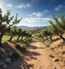 Fototapeta premium Rolling hills covered in olive trees and grapevines under a bright blue sky , rolling hills, Lazio