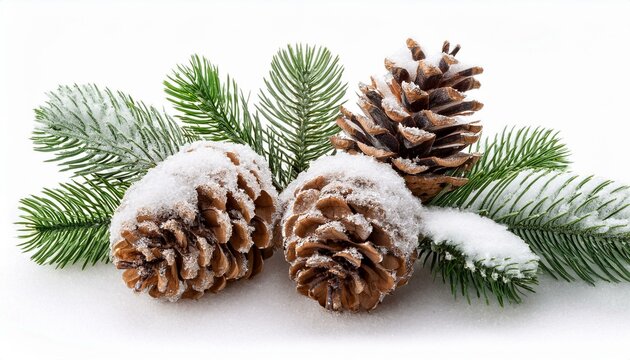 snow covered pinecones and evergreen branches isolated on a white background