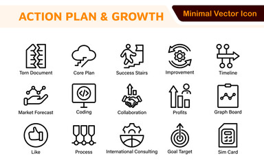 Line icons about action plan. Contains such icons as search strategy, target, scheme, timeline and workflow.Action plan set of web icons in line style. Strategy action planning icons.
