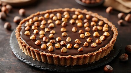 A chocolate cheesecake tart with a buttery shortbread crust, topped with roasted hazelnuts, placed on a dark rustic table