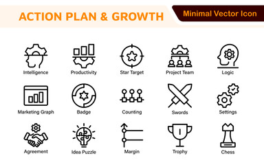 Line icons about action plan. Contains such icons as search strategy, target, scheme, timeline and workflow.Action plan set of web icons in line style. Strategy action planning icons.