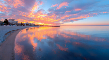 Coastal sunset, buildings, calm sea, reflection