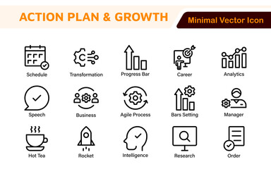 Line icons about action plan. Contains such icons as search strategy, target, scheme, timeline and workflow.Action plan set of web icons in line style. Strategy action planning icons.