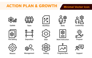 Line icons about action plan. Contains such icons as search strategy, target, scheme, timeline and workflow.Action plan set of web icons in line style. Strategy action planning icons.