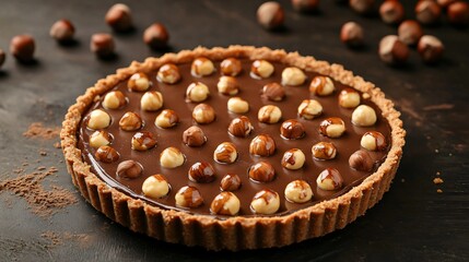 A chocolate cheesecake tart with a buttery shortbread crust, topped with roasted hazelnuts, placed on a dark rustic table