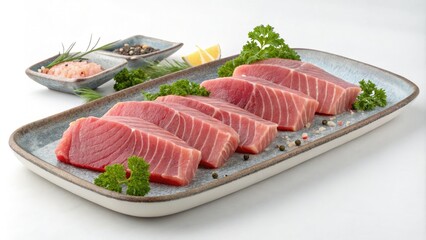 Raw tuna fillets arranged on a serving platter, food presentation, dish arrangement