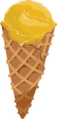 Vector illustration of ice cream in a waffle cone. Ice cream with yellow scoop isolated on white background, idea for poster, postcard, t-shirt. print, advertising, sweet, food,