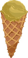 Vector illustration of ice cream in a waffle cone. Ice cream with a green scoop isolated on a white background, idea for a poster, postcard, t-shirt. print, advertising, sweet, food,