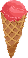 Vector illustration of ice cream in a waffle cone. Ice cream with a red scoop isolated on a white background, idea for a poster, postcard, t-shirt. print, advertising, sweet, food,
