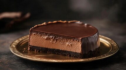 A chocolate cheesecake with a molten caramel center, placed on a gold-rimmed plate, isolated on a luxurious dark background