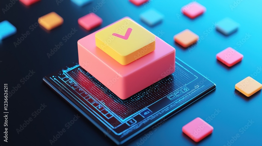 Poster colorful check mark button on digital background