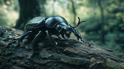 Rhinoceros Beetle (Oryctes nasicornis) on a Dead Tree Trunk