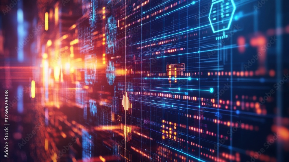 Poster digital technology background featuring hexagonal patterns, data analysis, and glowing elements. thi