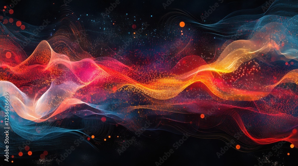 Poster abstract illustration of flowing information represented by cyan blue red and orange lines and dots 