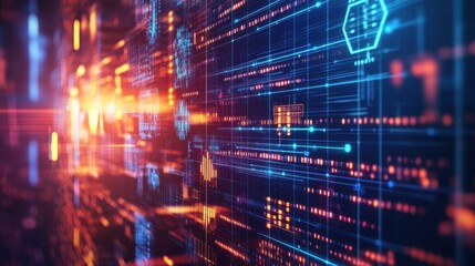 Obraz premium Digital technology background featuring hexagonal patterns, data analysis, and glowing elements. This represents big data and advanced analytics in futuristic setting