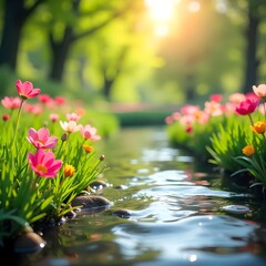 Serene Spring Stream: Blooming Flowers and Tranquil Waters