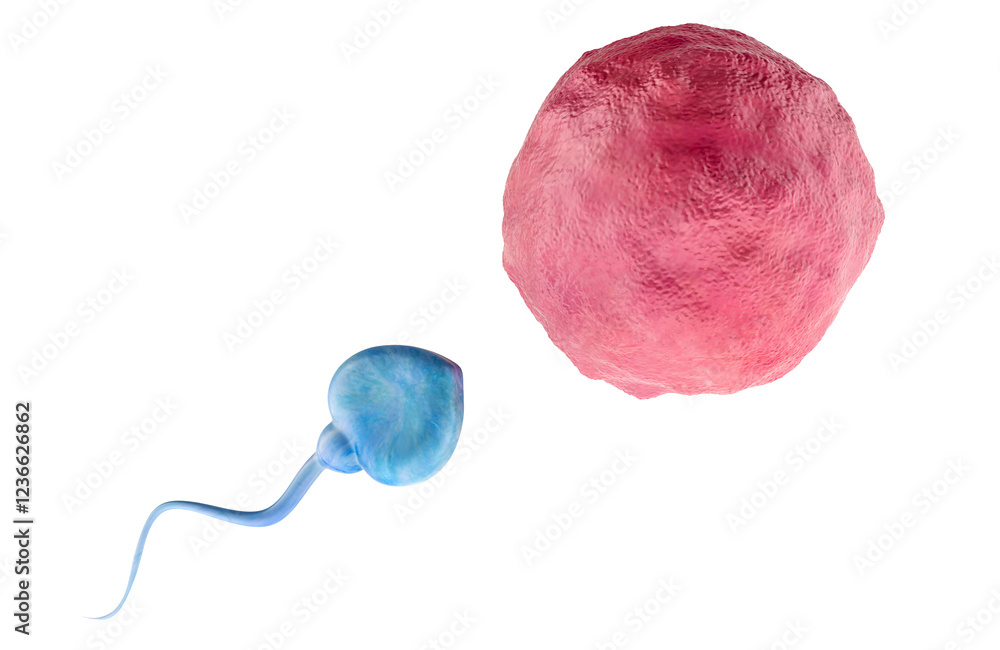 Poster egg cell, ovum with spermatozoon, 3d rendering isolated on transparent background