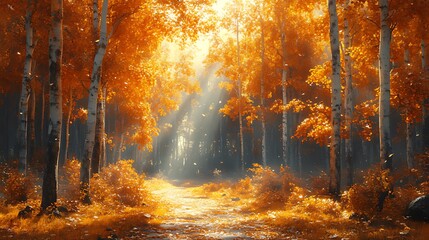 Sunbeams illuminate a path through a vibrant autumn forest with golden leaves and birch trees.