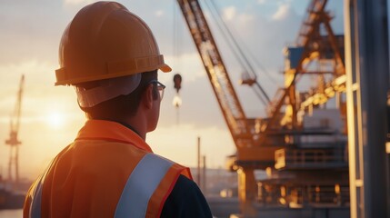 An intimate portrait of a crane operator maneuvering a crawler crane at a port expansion project, Port expansion crane operation scene, Commanding and precise style