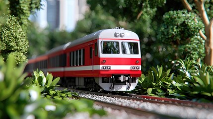 Naklejka premium Red train model in lush greenery, city backdrop