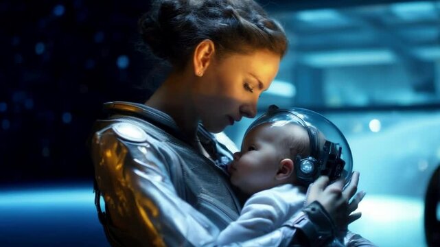 Robotic woman holding newborn baby. Futuristic motherhood in post apocalyptic world or on alien planet. Artificial insemination, incubators. Concept of futuristic technology, love and family